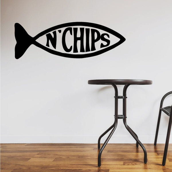 Jesus fish and chips wall decal, black and white text in fish shape