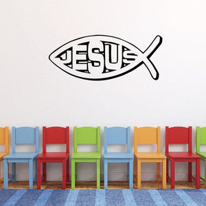 Jesus fish outline decal, black outline fish with cross symbol inside