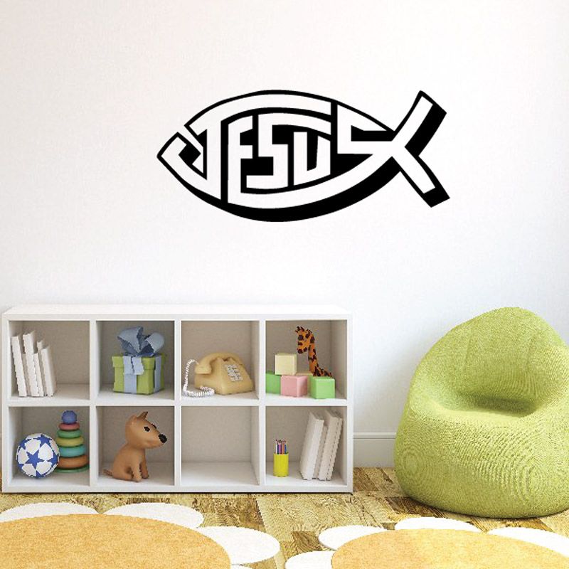 Outlined Jesus fish word decal, black
