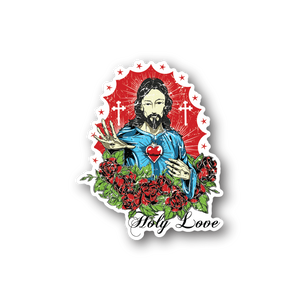Vinyl sticker of Jesus with Holy Love text, red halo heart, floral border