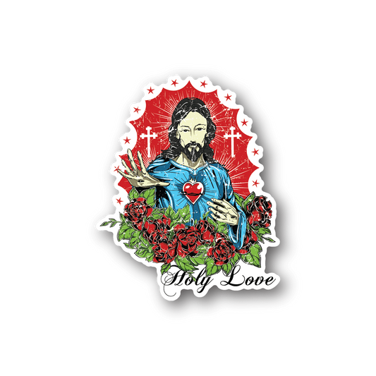 Vinyl sticker of Jesus with Holy Love text, red halo heart, floral border