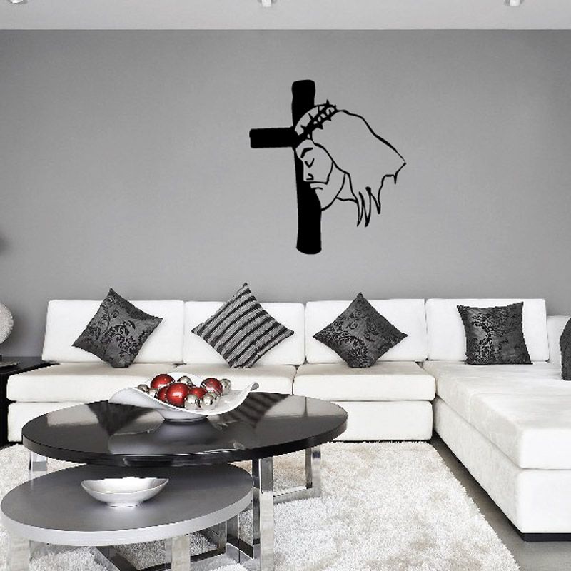 Jesus looking at cross wall decal, black silhouette