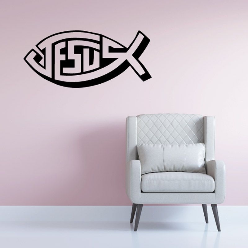 Fish-shaped Jesus wall decal with cross and interlocking lettering