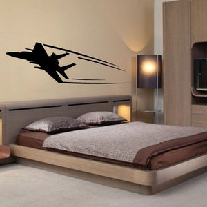 Jet fighter wall decal with black silhouette and zoom lines
