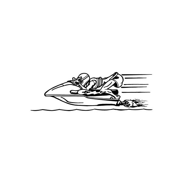 Jet ski decal sticker with black outline of rider on watercraft and speed lines