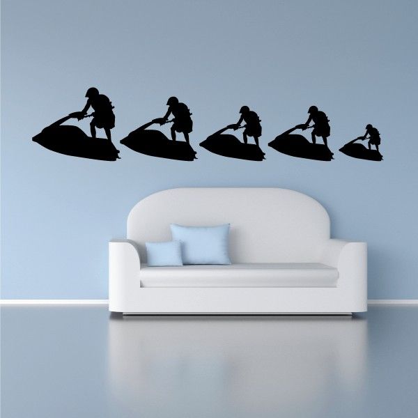 Jet ski family kit decal set with five silhouetted riders on watercraft