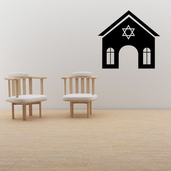 Jewish temple decal: black house silhouette with Star of David inside