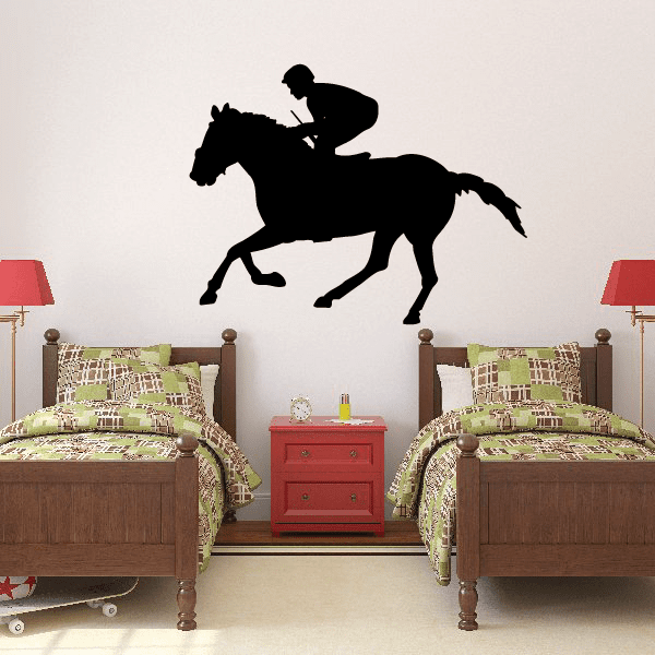 Horse racing jockey decal, black silhouette on background wall