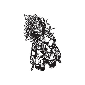 Black character vinyl decal of a bearded man holding a bag, stylized line art