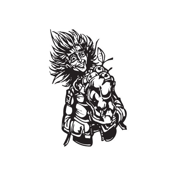 Black character vinyl decal of a bearded man holding a bag, stylized line art