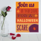 Halloween scare sticker, orange with text Join us if you dare for a Halloween scare, spider graphic