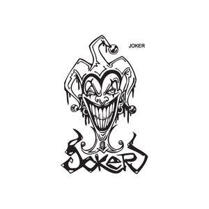 Graffiti joker decal with black and white laughing clown face and ribbon text