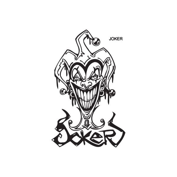 Graffiti joker decal with black and white laughing clown face and ribbon text