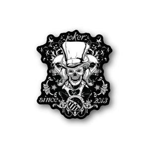 Vinyl sticker: white joker skull with top hat, ornate flowers, text 'since 2013'
