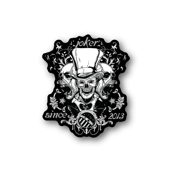 Vinyl sticker: white joker skull with top hat, ornate flowers, text 'since 2013'