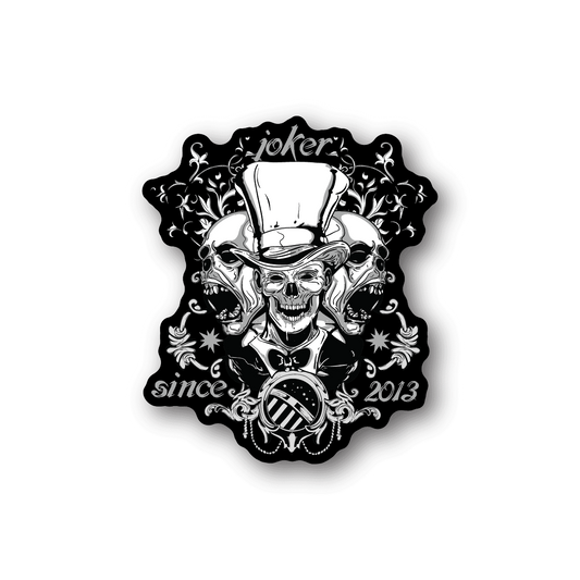 Vinyl sticker: white joker skull with top hat, ornate flowers, text 'since 2013'