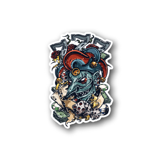 Joker gambler vinyl sticker of clown face with cards, coins, and chips