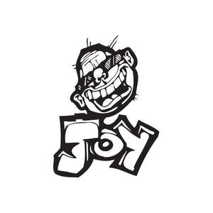 Graffiti decal with stylized black-and-white cartoon face and bold letters
