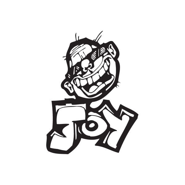 Graffiti decal with stylized black-and-white cartoon face and bold letters