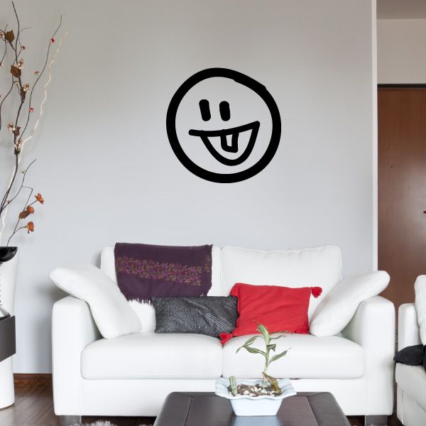 Smiling smiley vinyl wall decal: black circle face with simple eyes and mouth