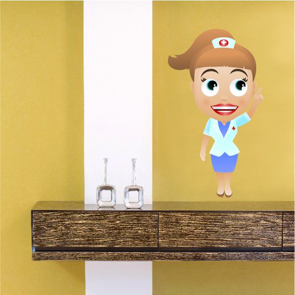Nurse character sticker with blue scrubs, red cross cap, smiling face