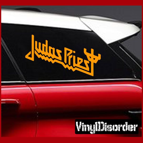 Judas Priest orange text decal on black surface