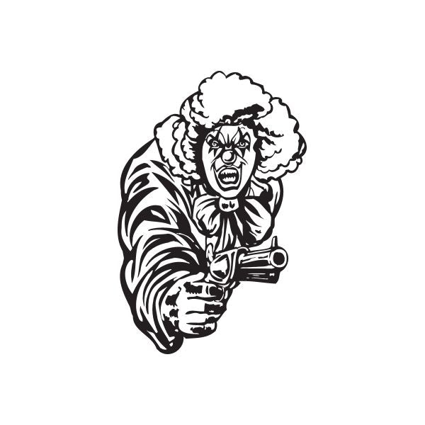 Clown with gun decal sticker, black and white illustration