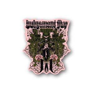 Grim reaper vinyl sticker with green wings and pink skulls, gothic lettering