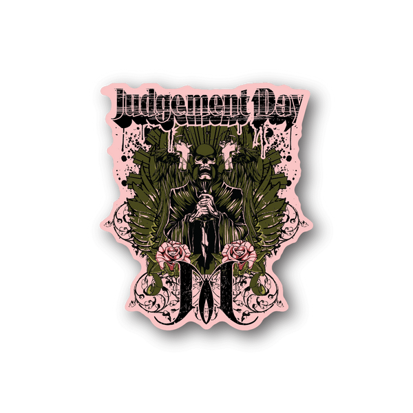 Grim reaper vinyl sticker with green wings and pink skulls, gothic lettering