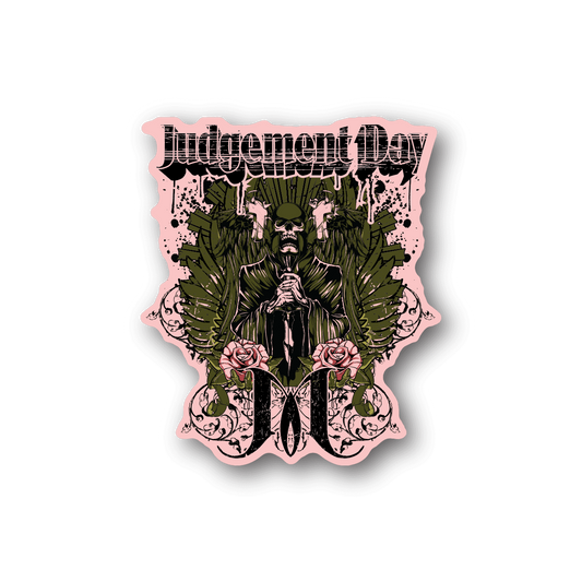Grim reaper vinyl sticker with green wings and pink skulls, gothic lettering
