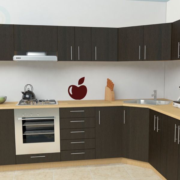Red apple decal with small leaf and stem on a light wall