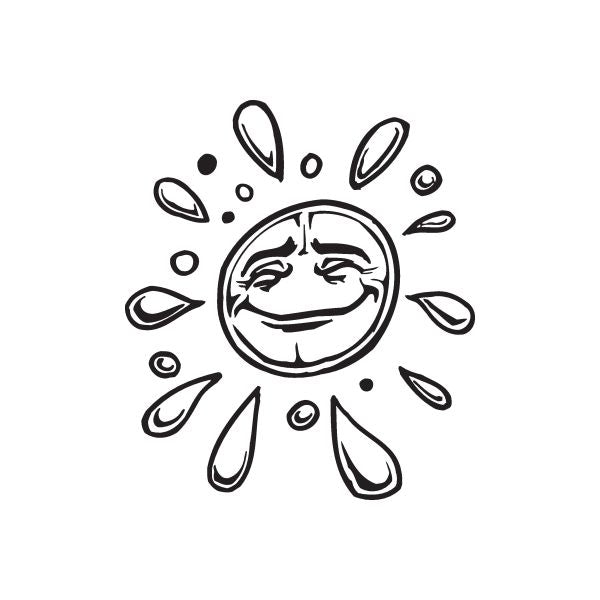 Juicy orange decal: smiling orange face with droplet rays, black outline