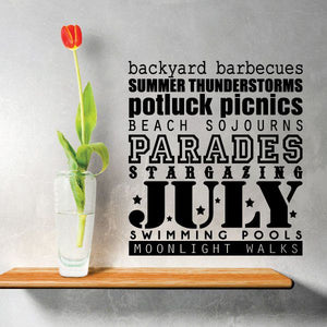July word collage wall decal with bold summer words, stars, and large “JULY” lettering