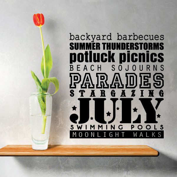 July word collage wall decal with bold summer words, stars, and large “JULY” lettering
