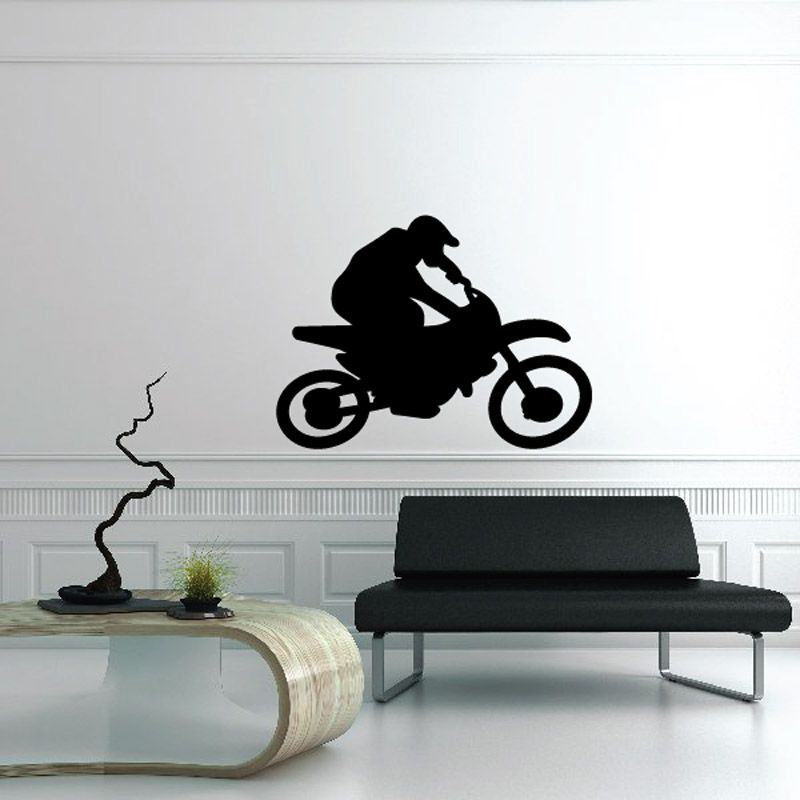 Black dirt bike jump decal with rider silhouette and motorcycle wheels