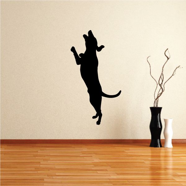 Jumping coonhound decal with black dog silhouette mid-jump