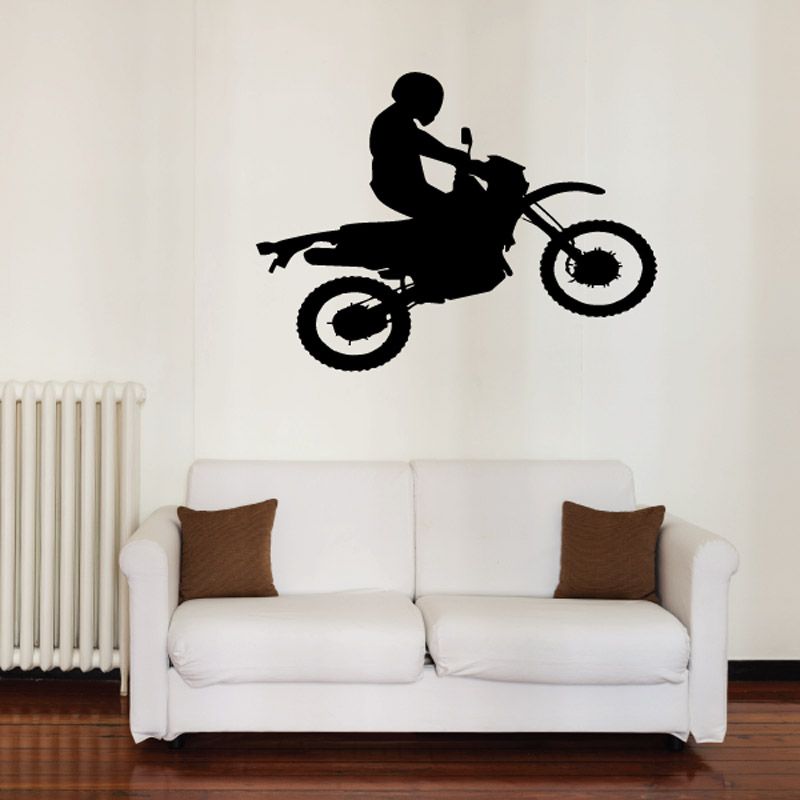 Black jumping dirt bike decal of rider on motorcycle silhouette