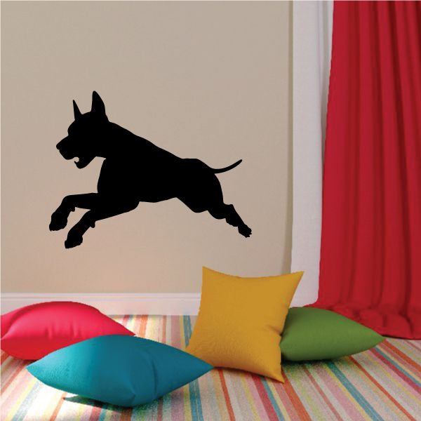 Jumping Doberman Pinscher decal with black dog silhouette