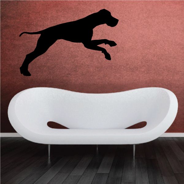 Jumping Great Dane wall decal, black dog silhouette mid-jump