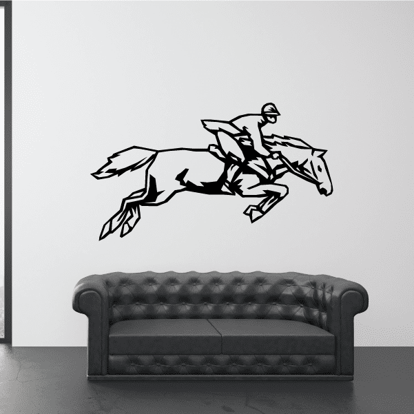 Jumping horse decal with rider, black and white silhouette