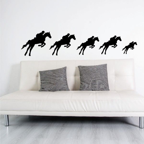 Horse rider family decal kit with black jumping horse silhouettes, multiple figures