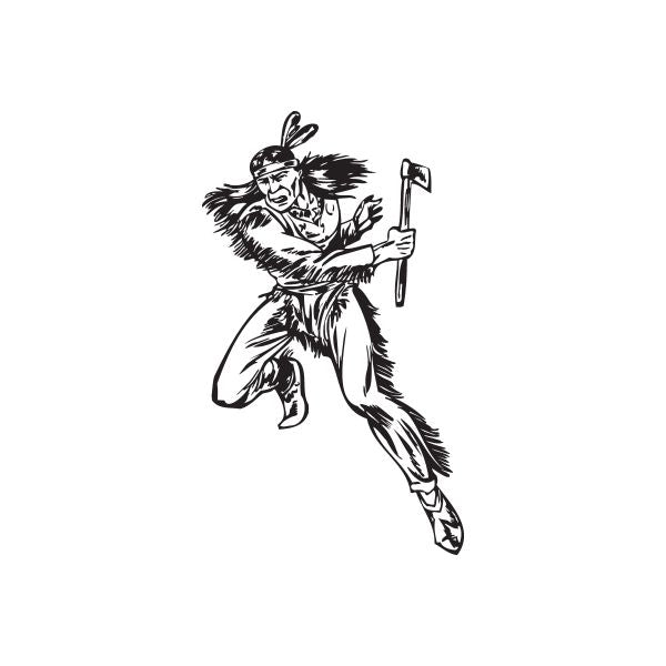 Jumping Native American warrior decal, black line art figure holding an axe