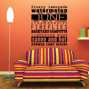 Word collage wall decal with layered multicolor typography and stacked summer phrases