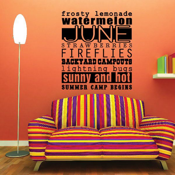 Word collage wall decal with layered multicolor typography and stacked summer phrases