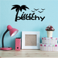 Beachy wall decal with palm tree, beachy lettering, and three seagulls