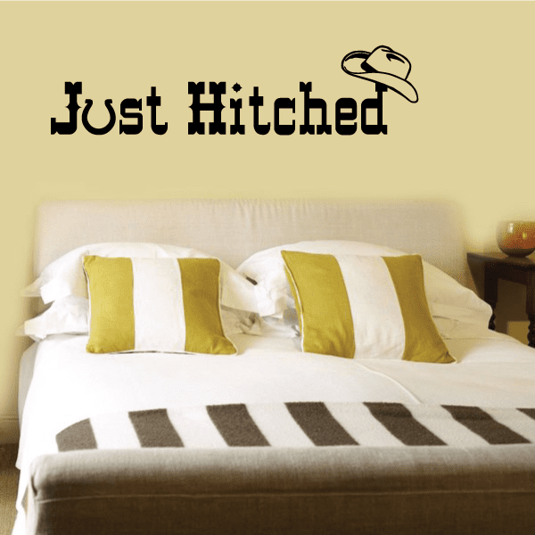 Cowboy wall decal with “Just Hitched” text and a cowboy hat icon