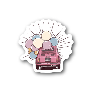 Just Married VW bug vinyl sticker with cartoon car and balloons
