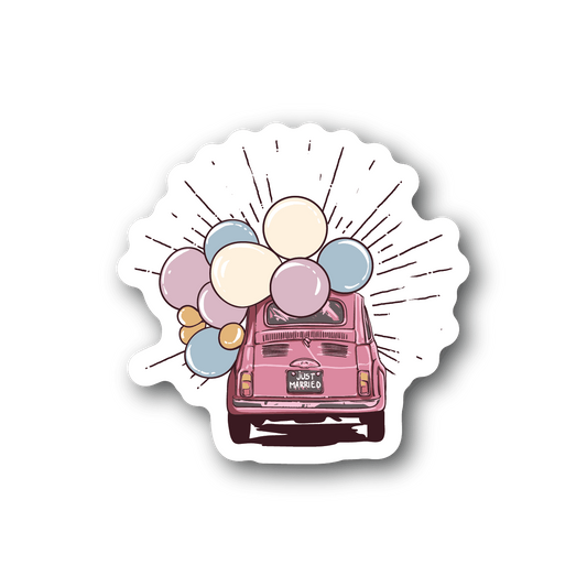 Just Married VW bug vinyl sticker with cartoon car and balloons