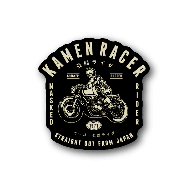 Kamen Racer motorcycle vinyl sticker with rider bike graphic and 'KAMEN RACER' text