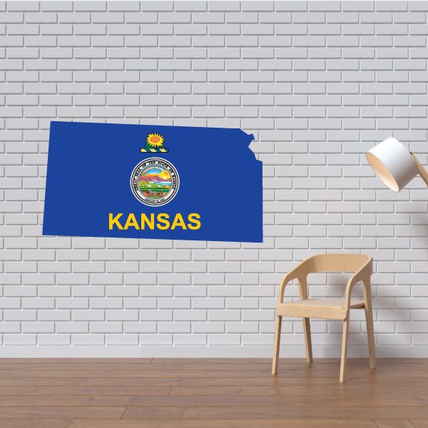 Kansas state flag sticker in blue with seal and KANSAS text, die-cut shape